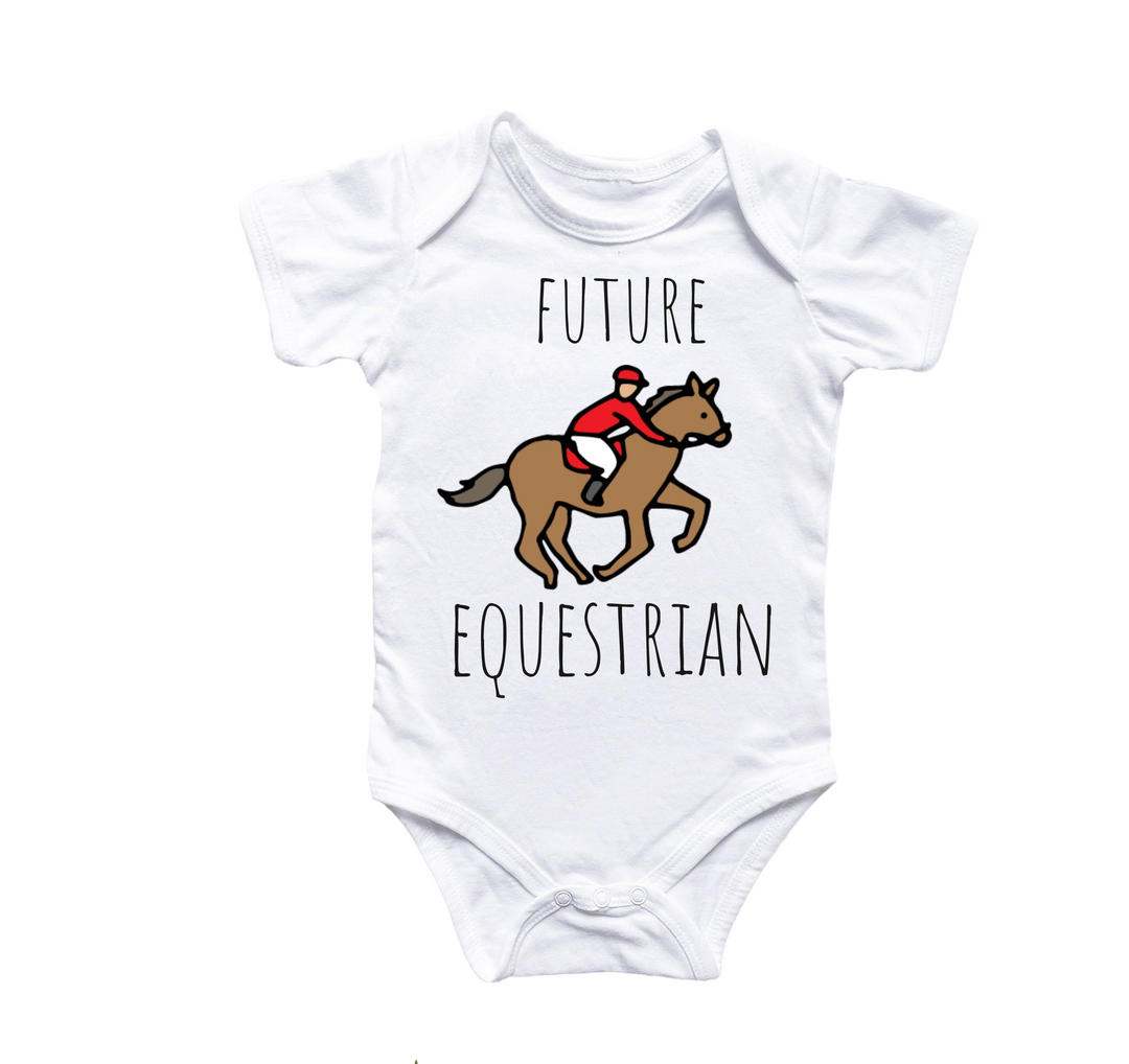 a baby bodysuit with a horse and jockey on it