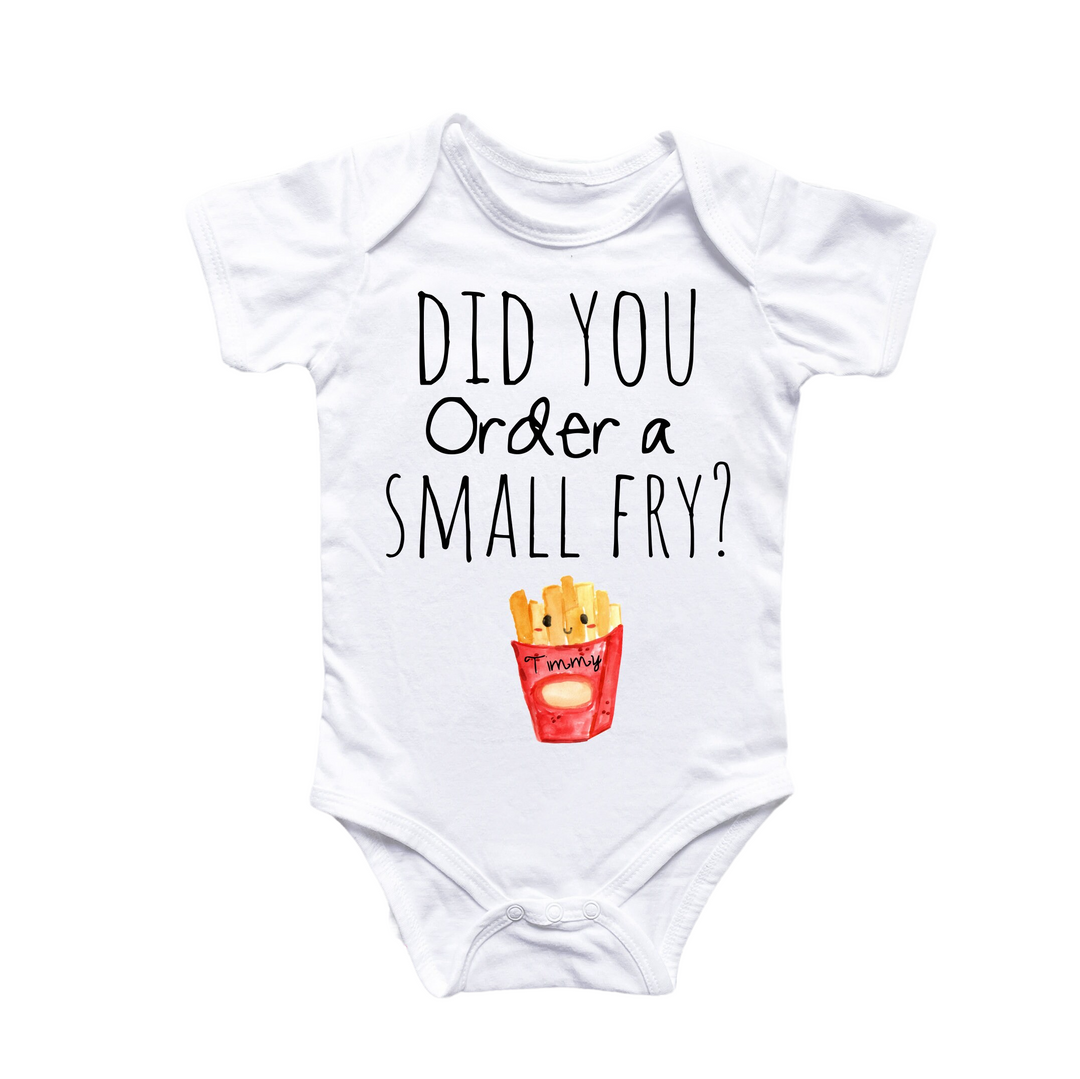 a white onesuit with a picture of a small fry on it