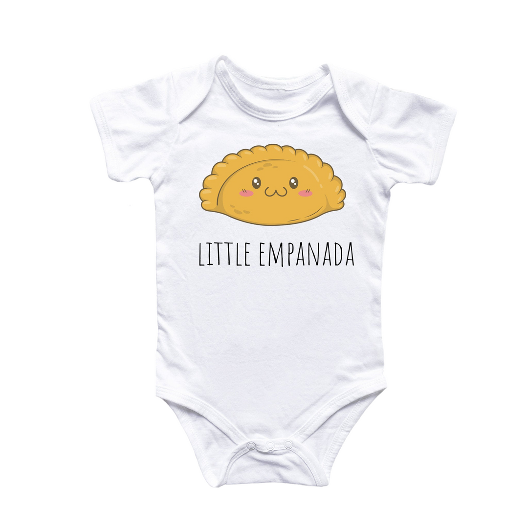 a white bodysuit with a picture of a little empanada on it