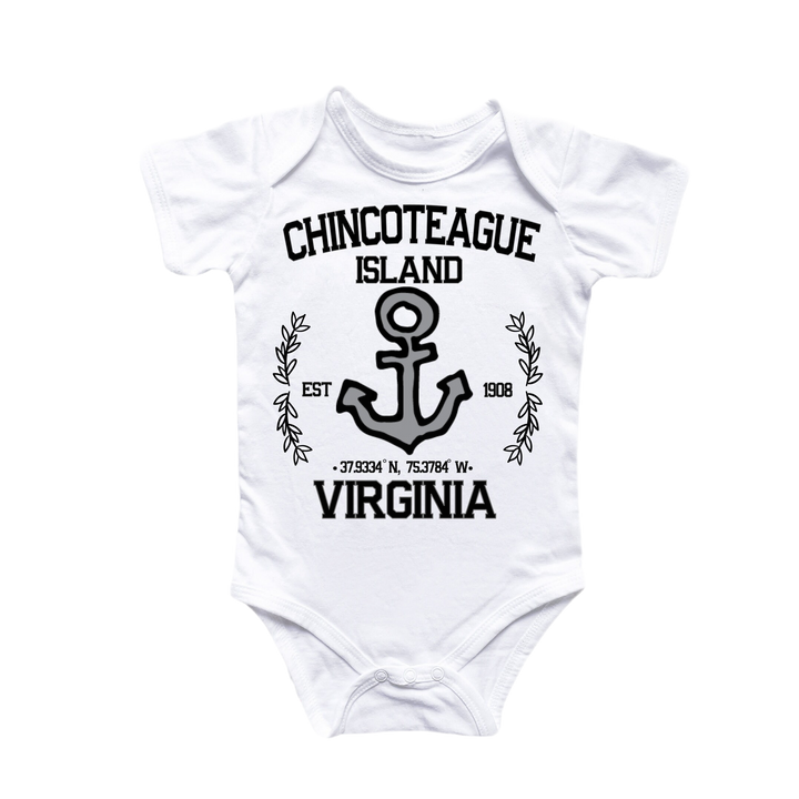 a white bodysuit with an anchor and the words, chincoteeage island