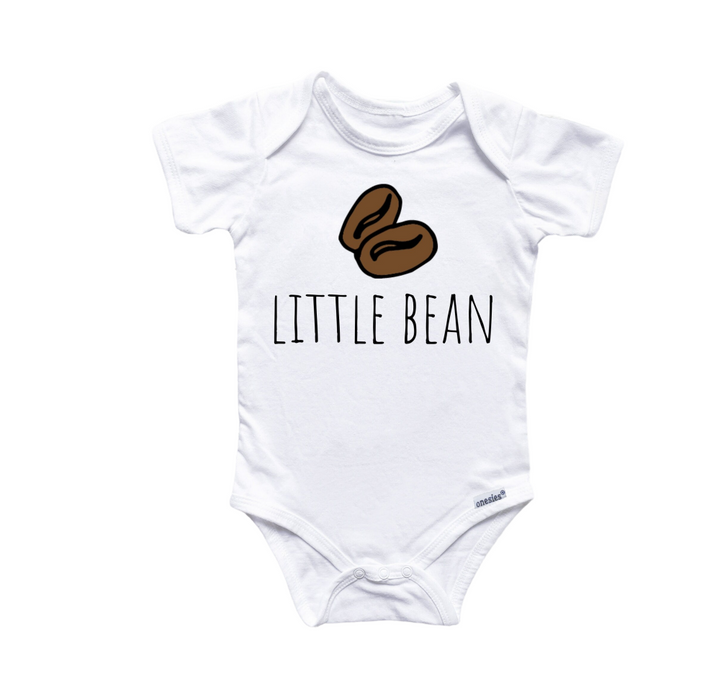 a white baby bodysuit with the words little bean printed on it