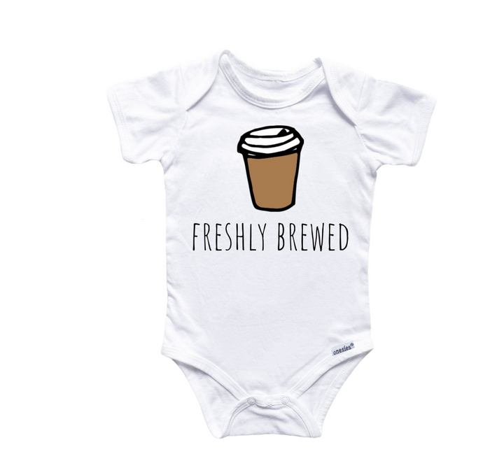 a baby bodysuit with a cup of coffee on it