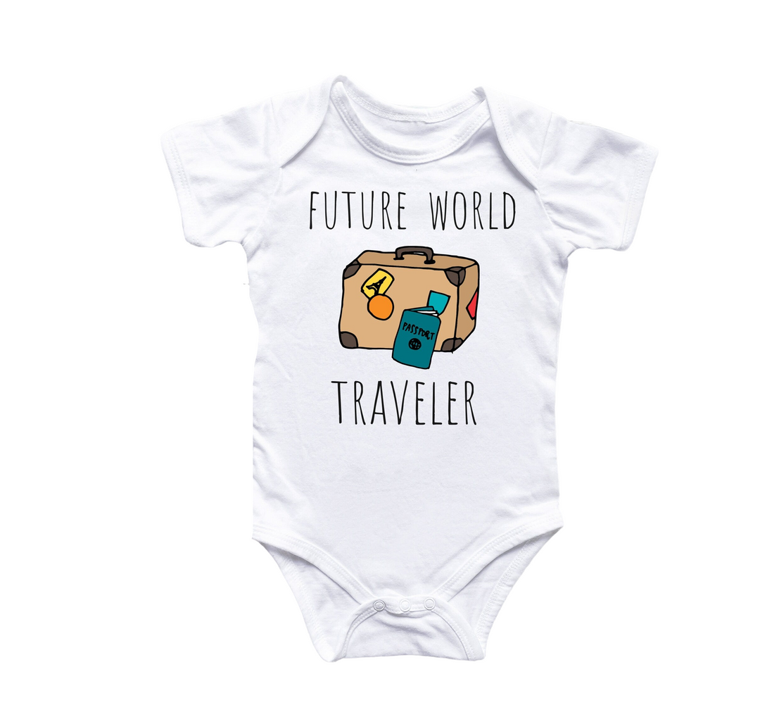 a white baby bodysuit with a suitcase on it