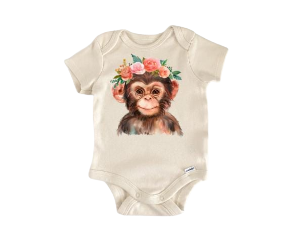 a baby bodysuit with a monkey wearing a flower crown