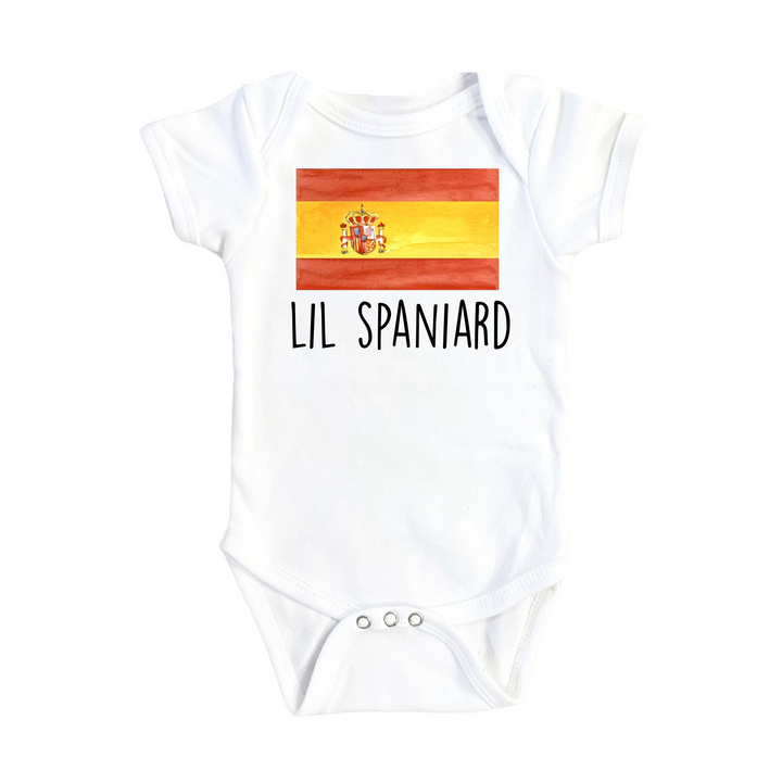 a white bodysuit with a spanish flag on it