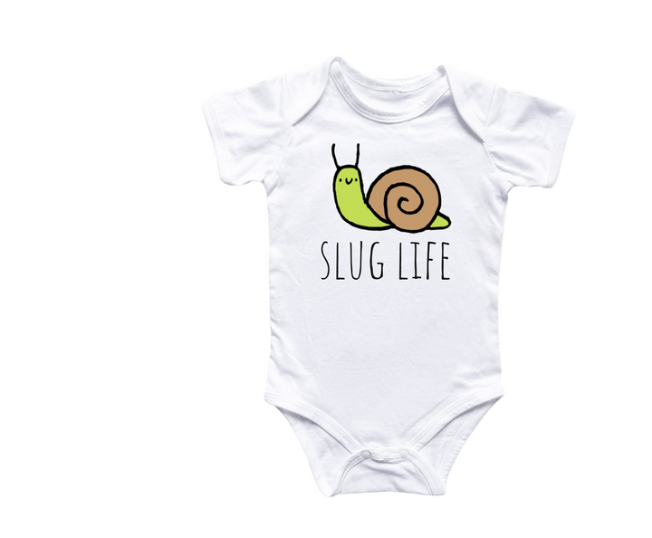 a white bodysuit with a picture of a snail on it