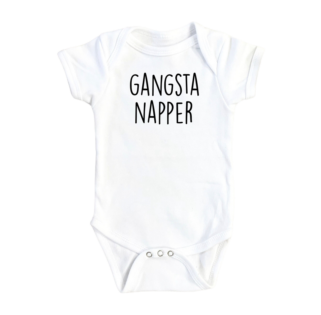 a white bodysuit with the words gaugsta napper printed on it