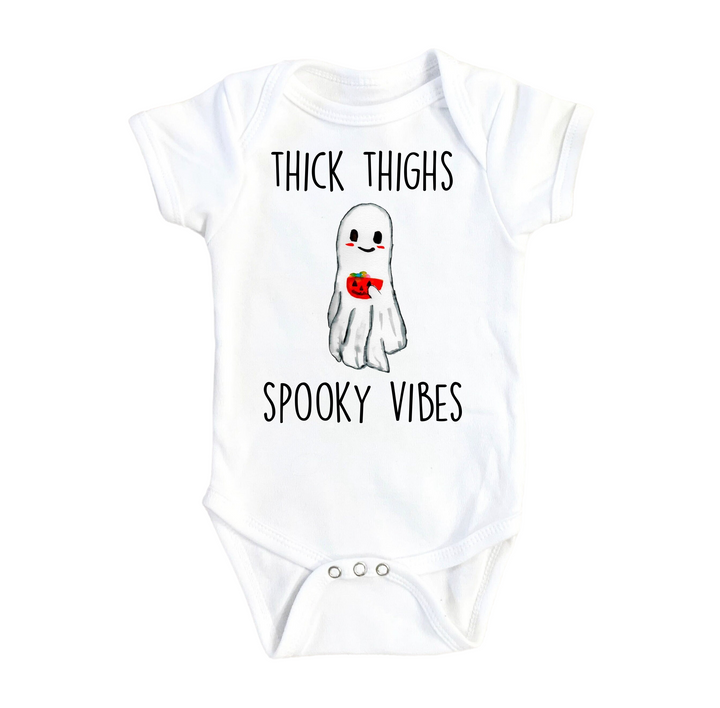 a white bodysuit with a ghost saying trick thighs spooky vibes