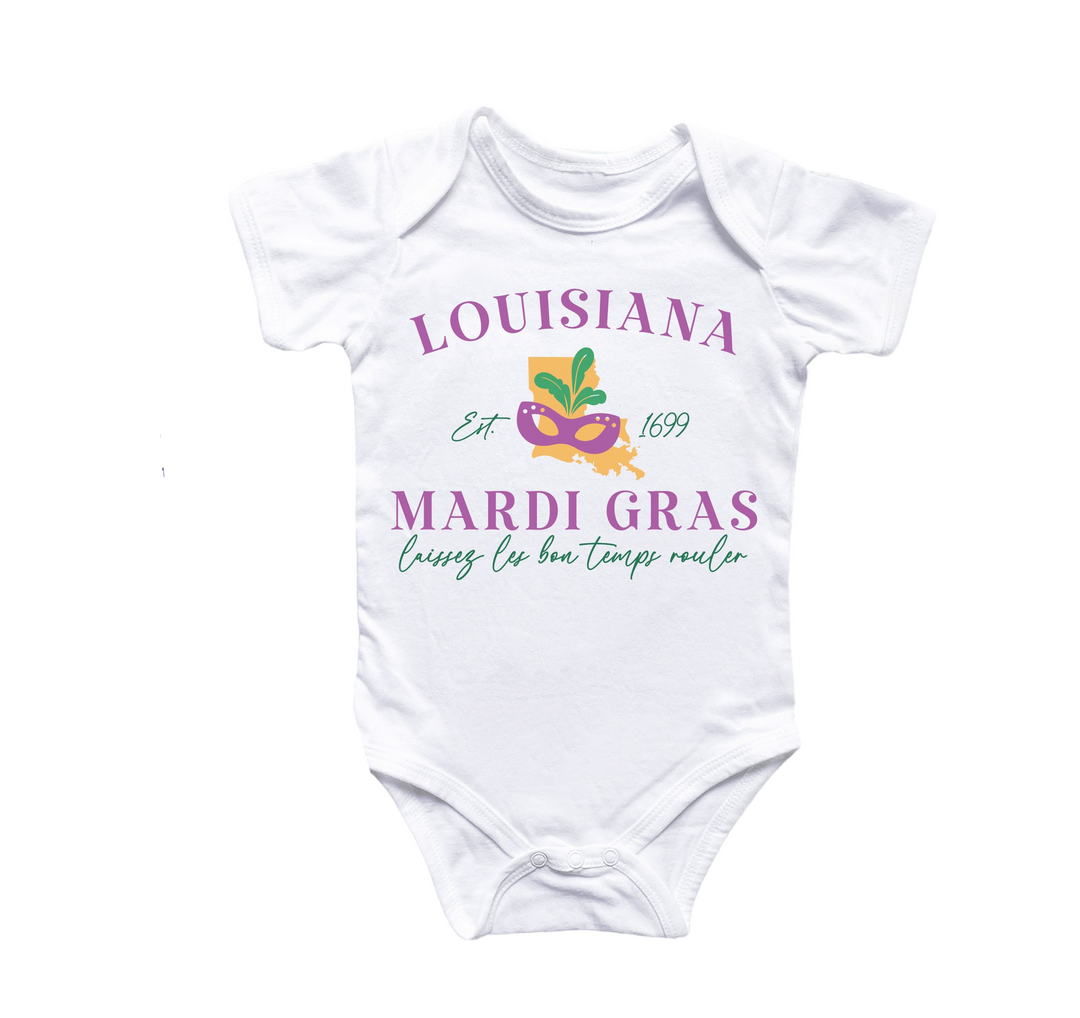 a white bodysuit with a mardi gras design