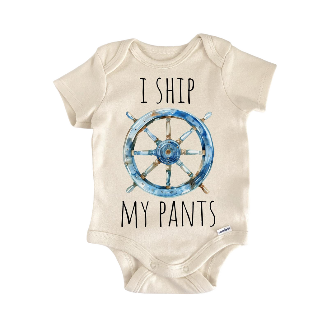 a baby bodysuit that says i ship my pants