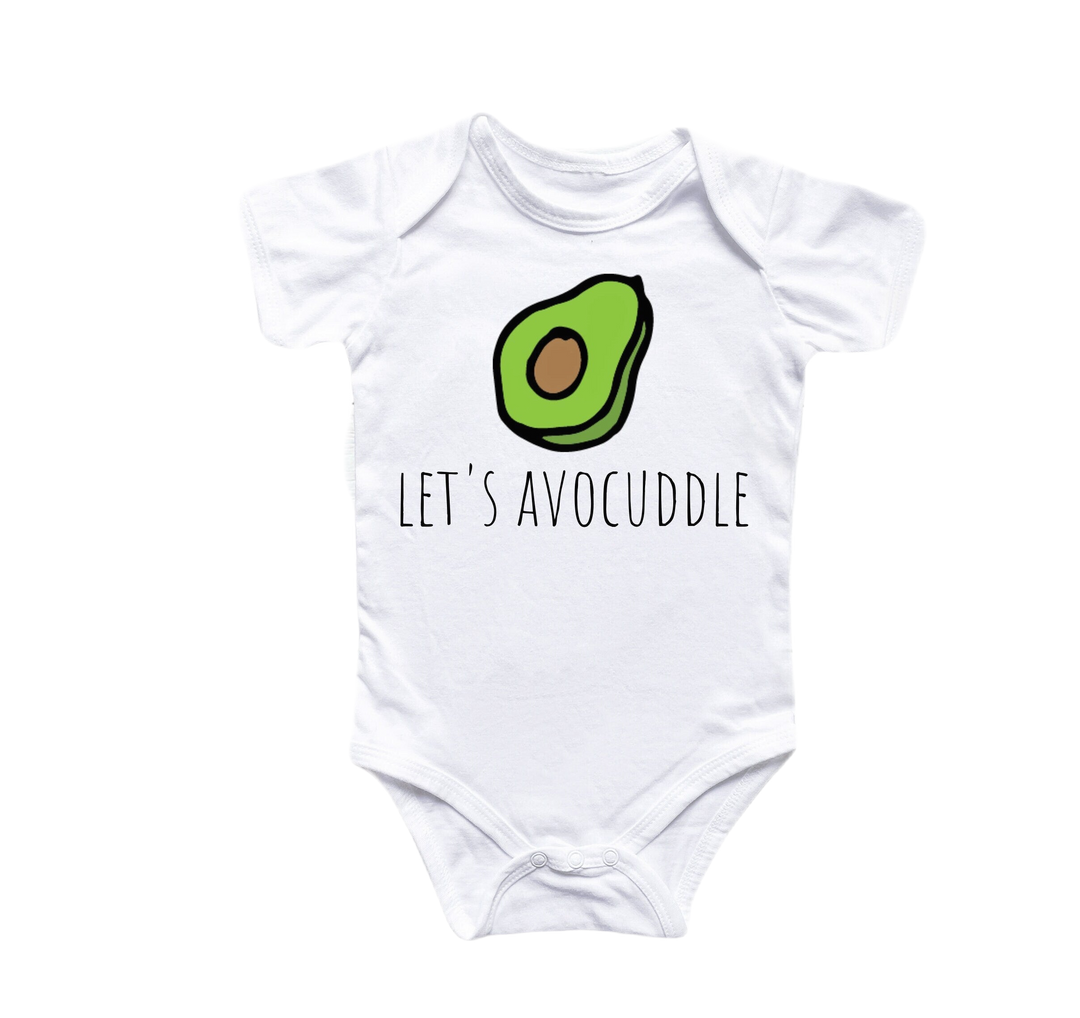 a white bodysuit with an avocado on it