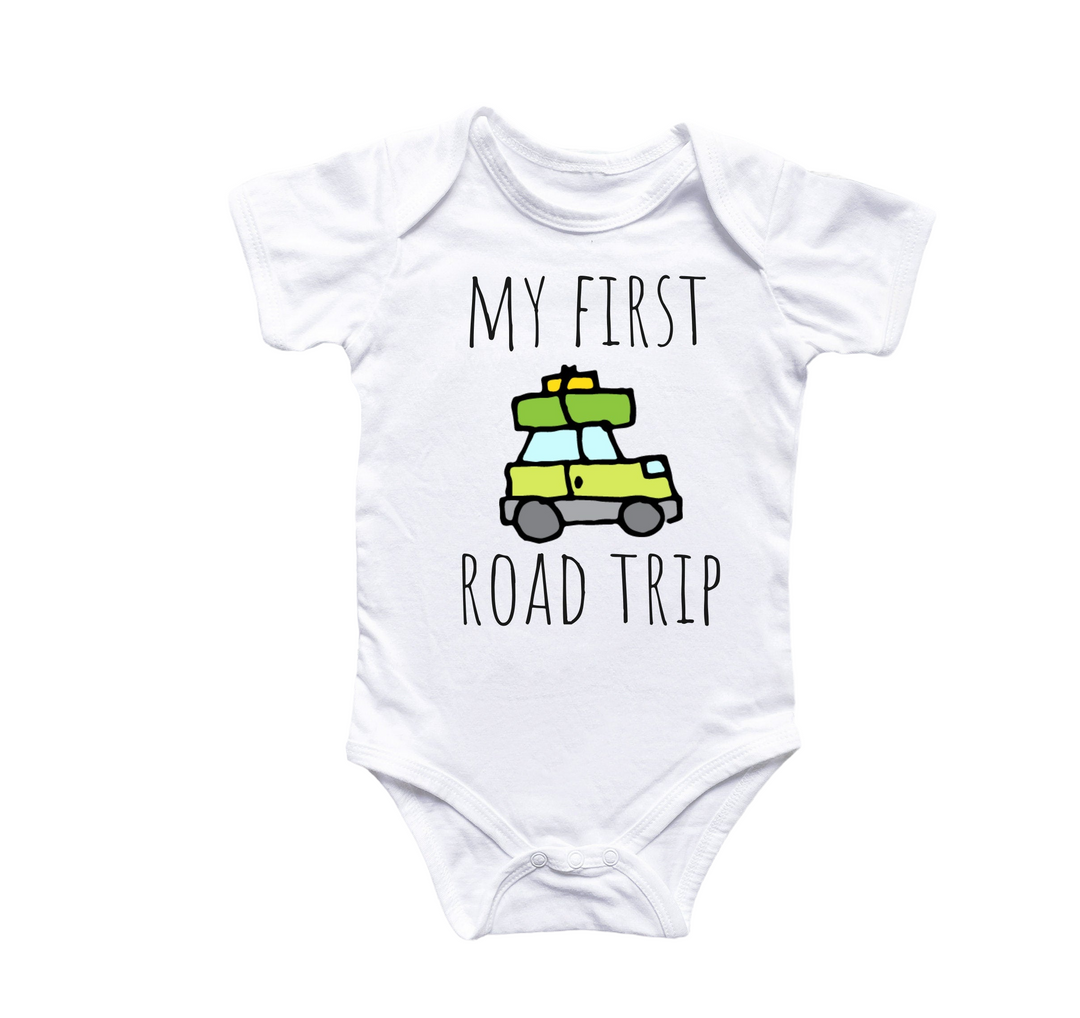 a baby bodysuit that says, my first road trip