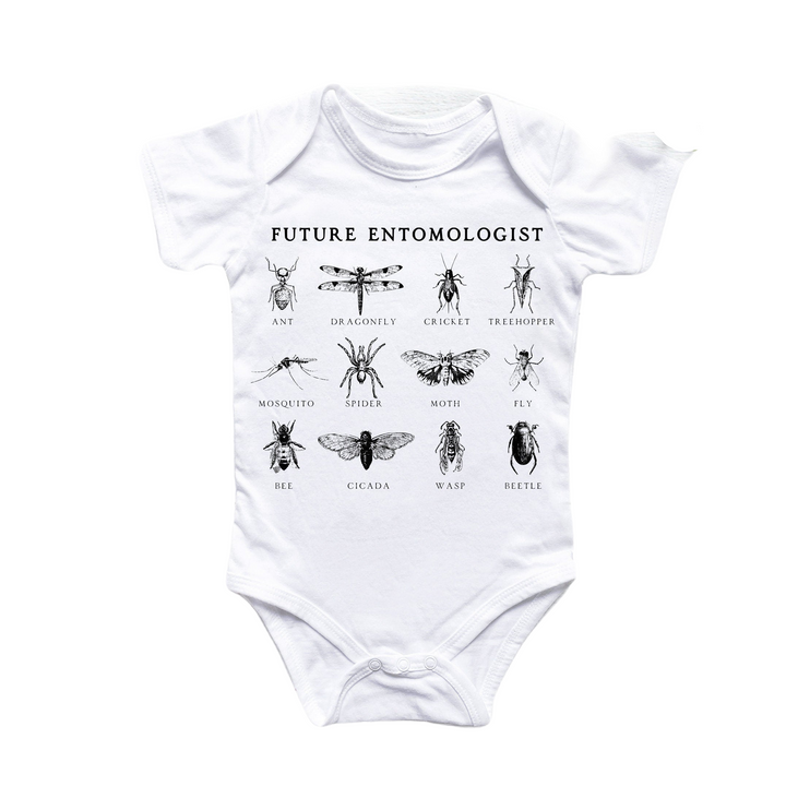 a white bodysuit with a picture of bugs on it