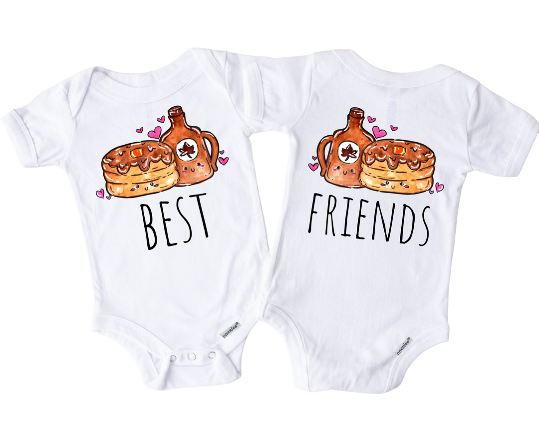 two baby onesuits with the words best friends on them