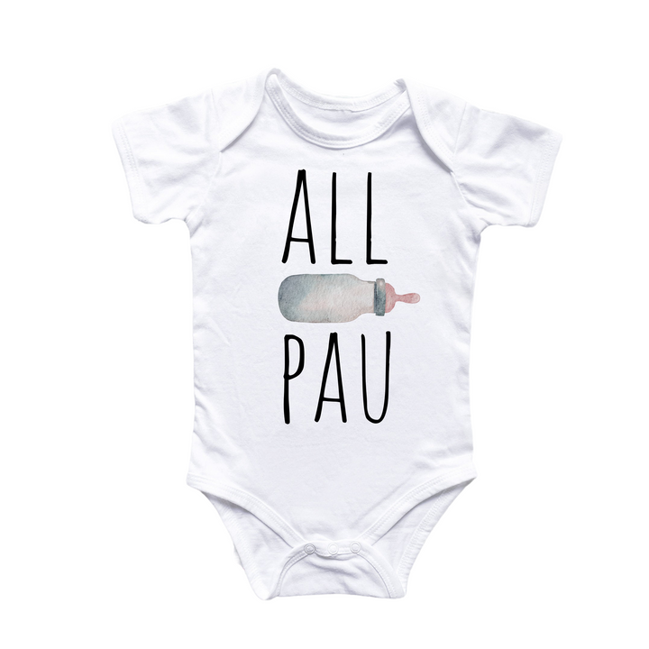 a white bodysuit with the words all pau printed on it