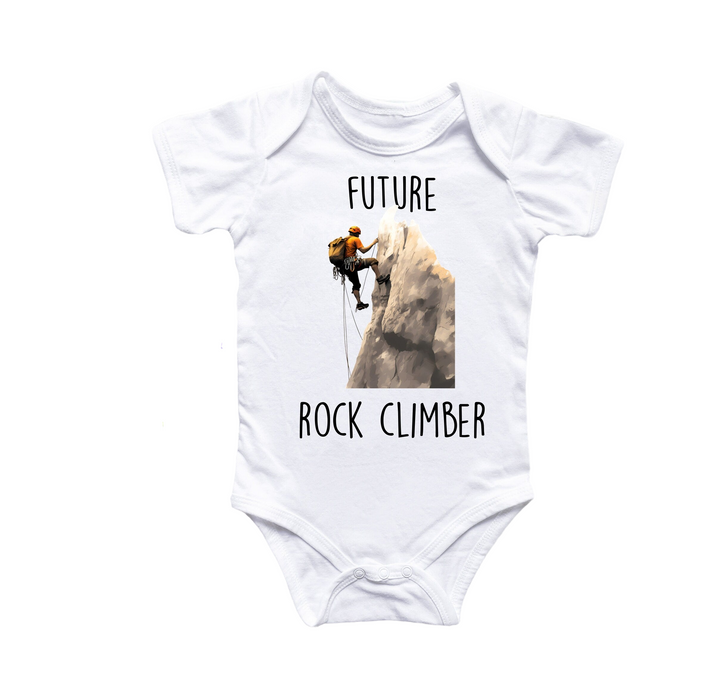 a baby bodysuit with a picture of a rock climber