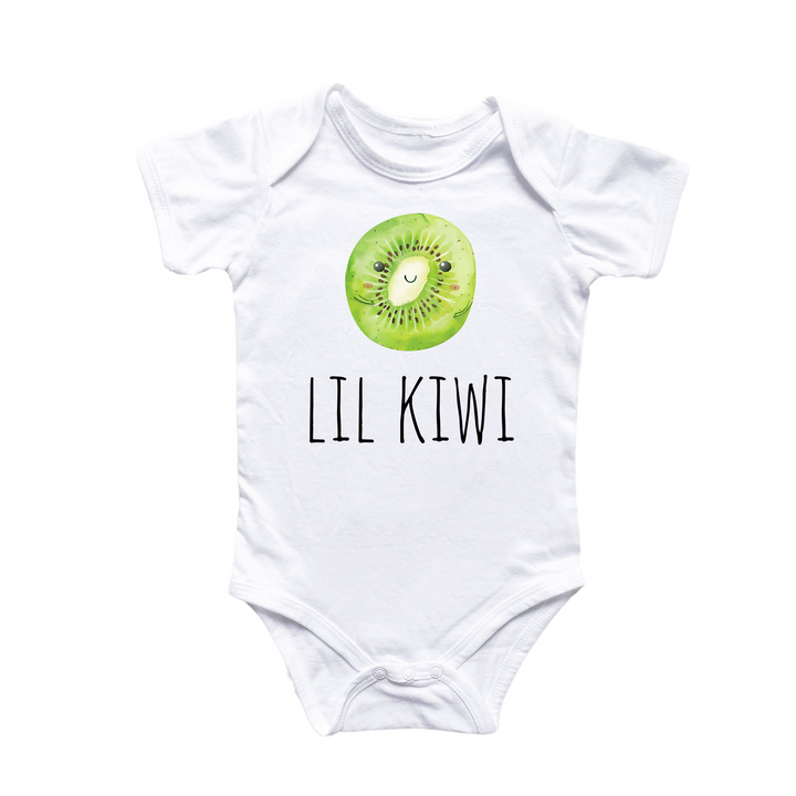 a white bodysuit with a kiwi on it