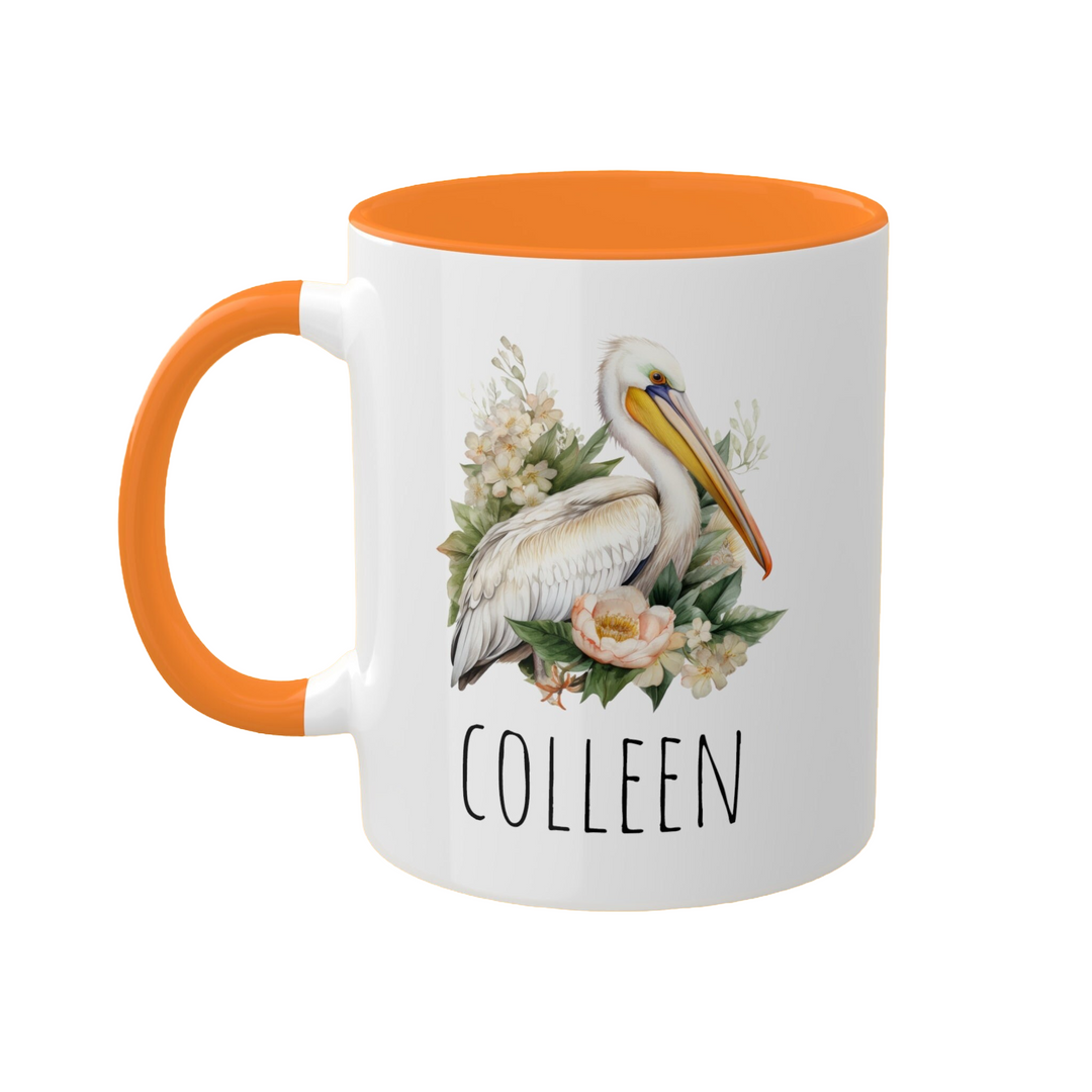 a coffee mug with a picture of a pelican on it