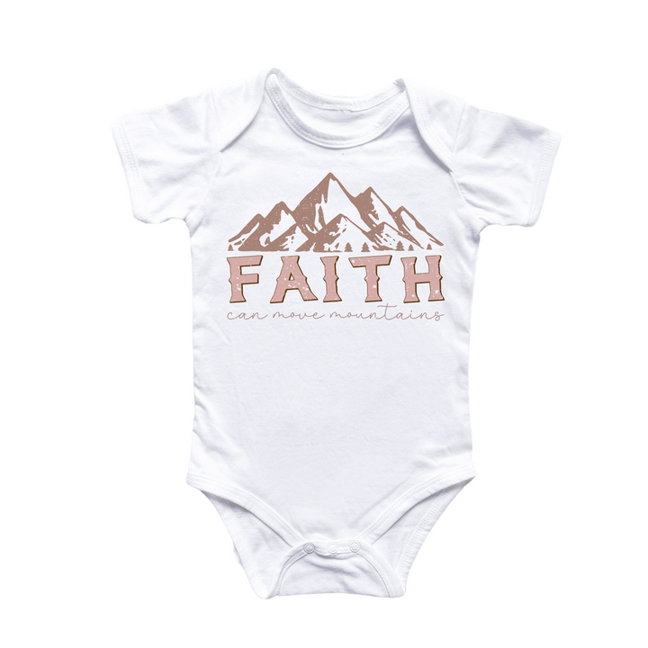 a white bodysuit with the words faith printed on it