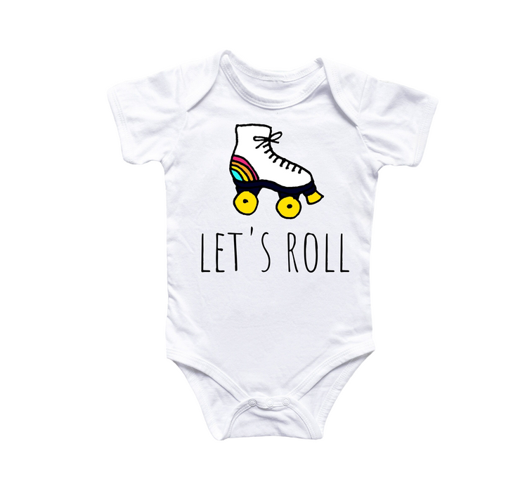 a white bodysuit with a roller skate design