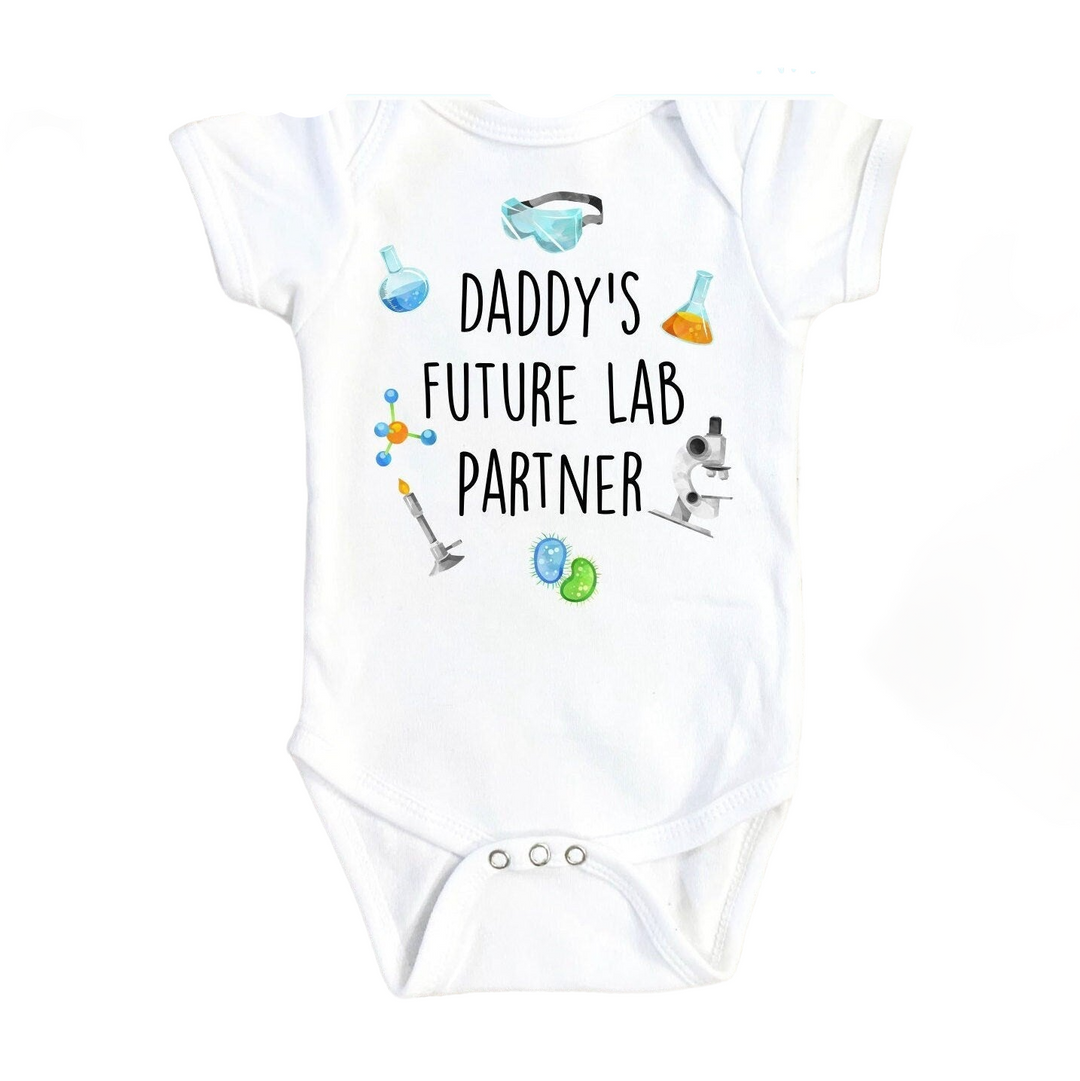 a white bodysuit that says daddy's future lab partner