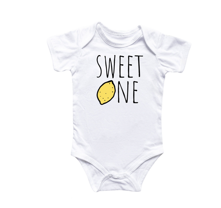 a white bodysuit with a lemon saying sweet one