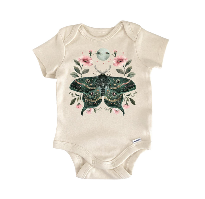 a white bodysuit with a green butterfly on it