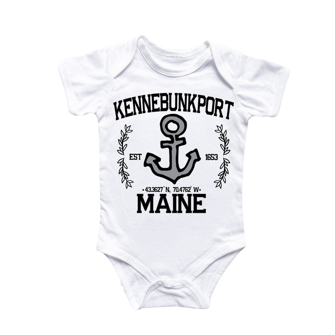 a white bodysuit with an anchor and the words kennebunkport maine