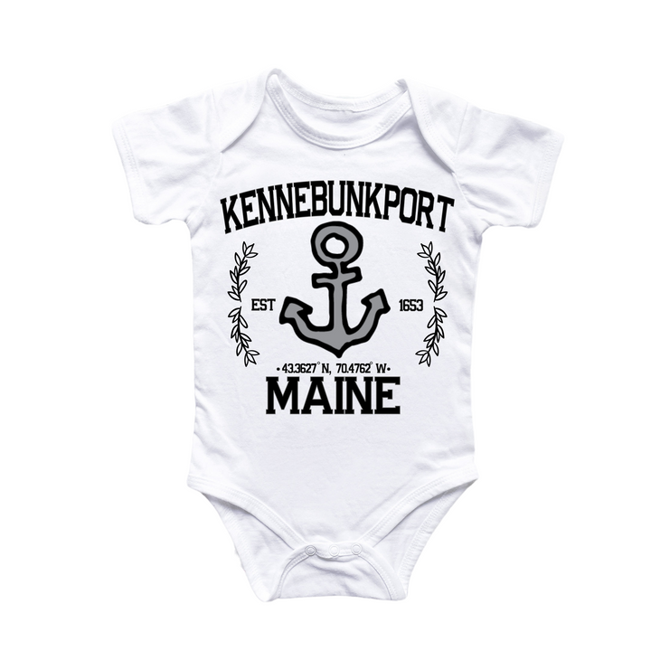 a white bodysuit with an anchor and the words kennebunkport maine