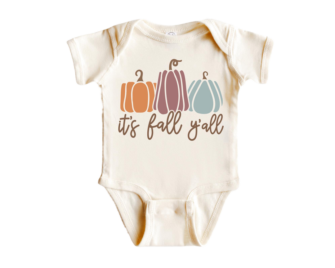 a baby bodysuit that says it's fall y'all