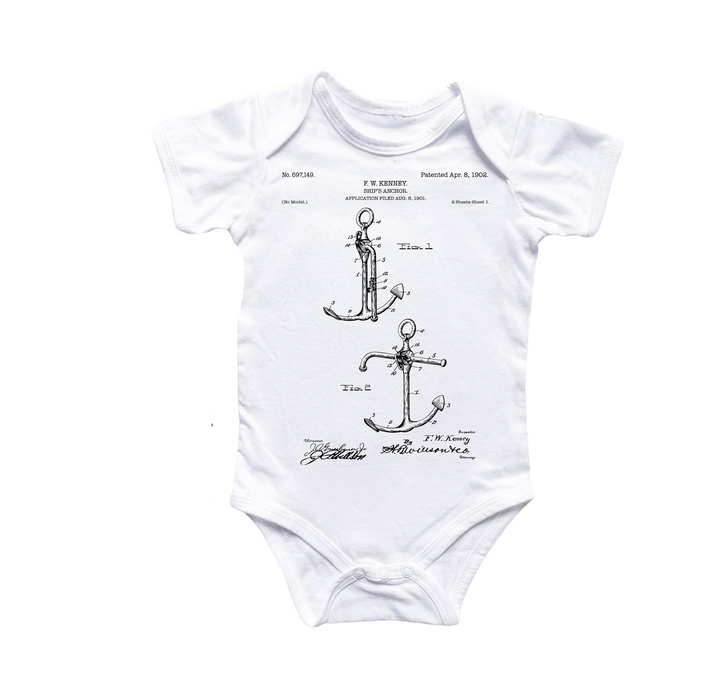 a white bodysuit with a drawing of an anchor