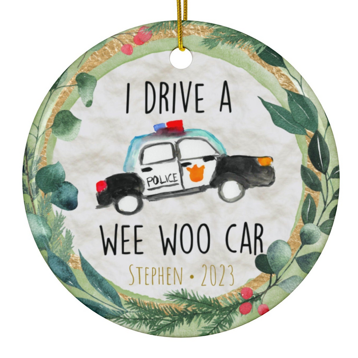 a christmas ornament with a police car on it