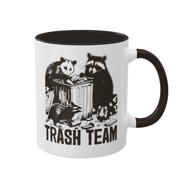 a black and white mug with a trash team picture on it