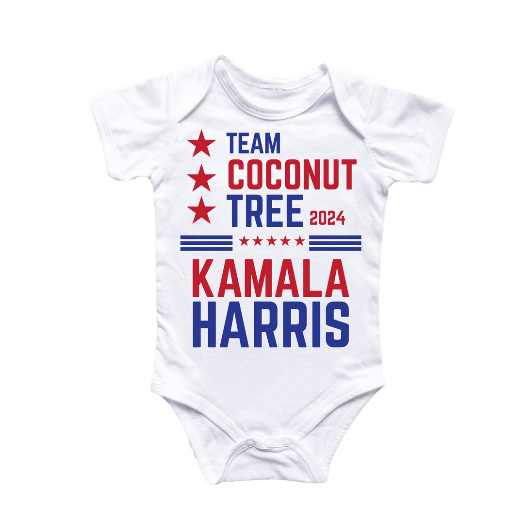 a white onesuit with the words team coconut tree and kaala harris