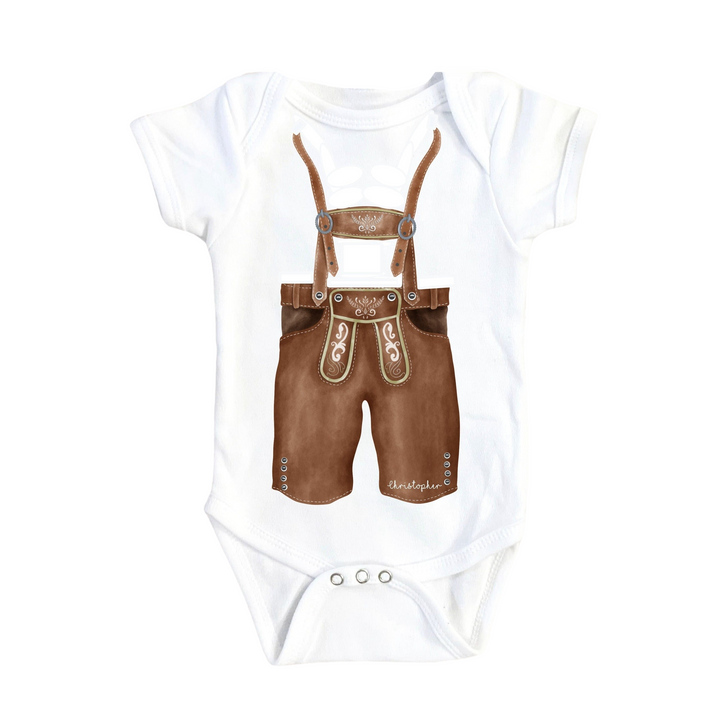 a white bodysuit with brown leather suspenders and a brown belt