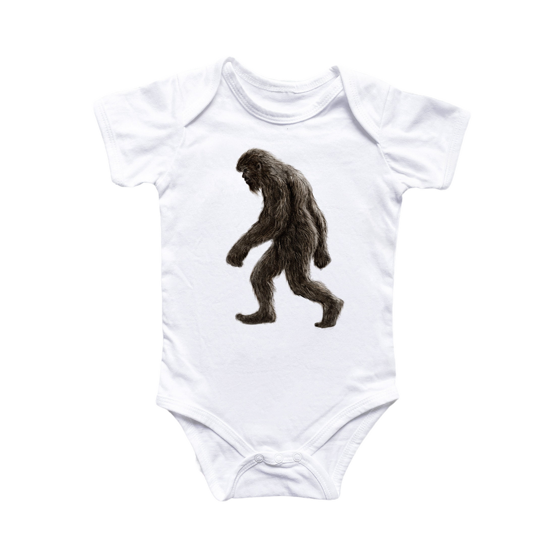 a baby bodysuit with a picture of a bigfoot