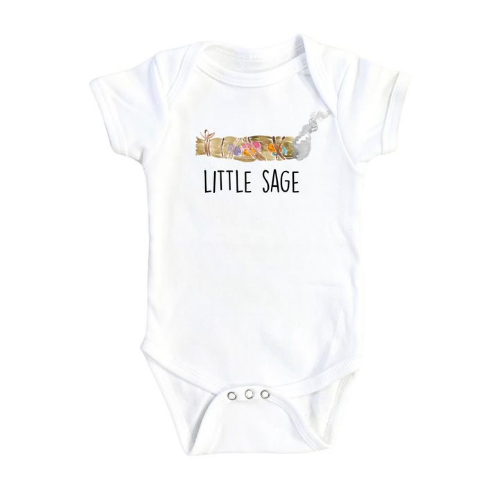 a white baby bodysuit with the words little sage on it