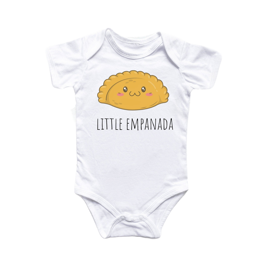 a white bodysuit with a picture of a little empanada on it