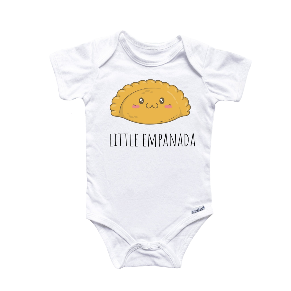 a white bodysuit with a picture of a little empanada on it