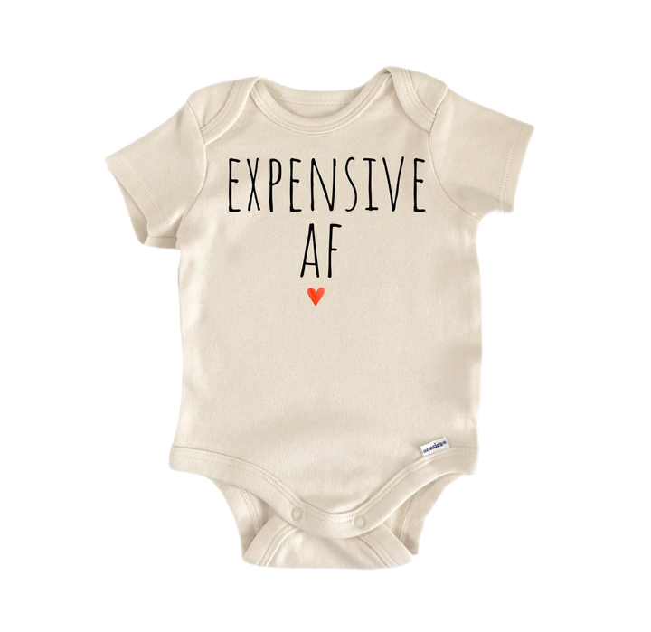 a baby bodysuit with the words expensive af on it