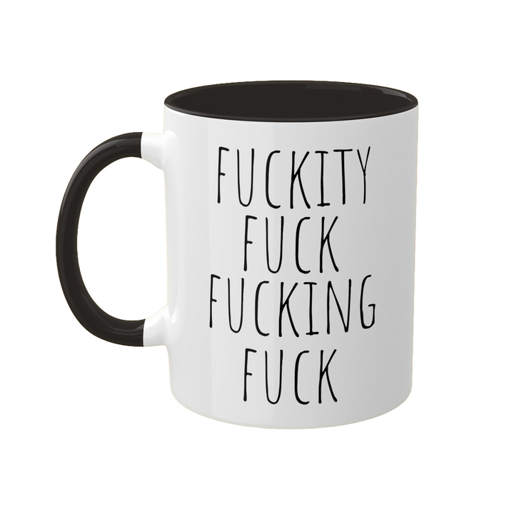 a black and white coffee mug with the words fuckyty fuck fucking fu