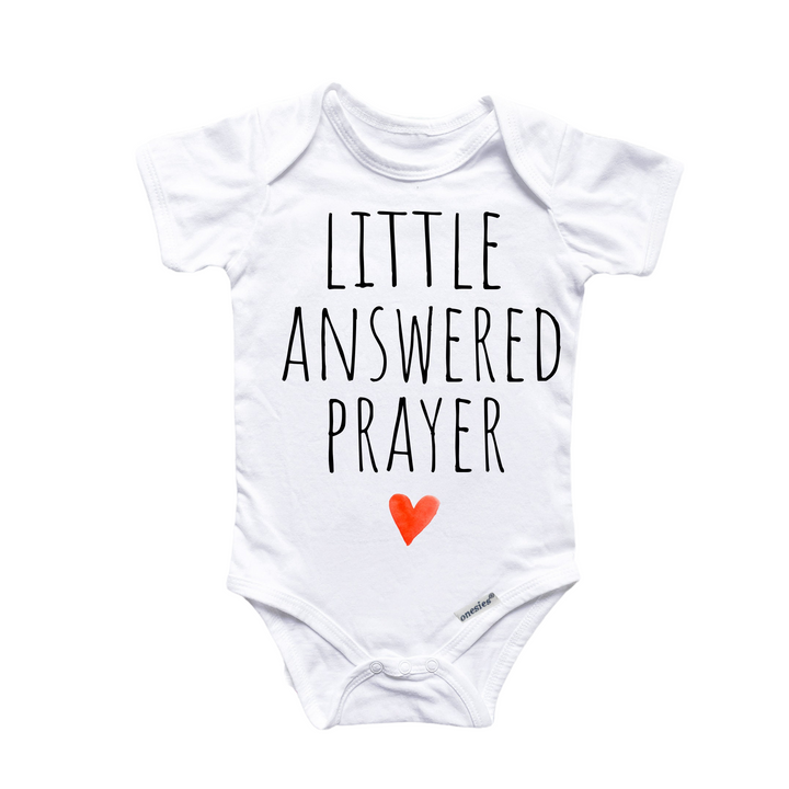 a baby bodysuit that says, little answered prayer