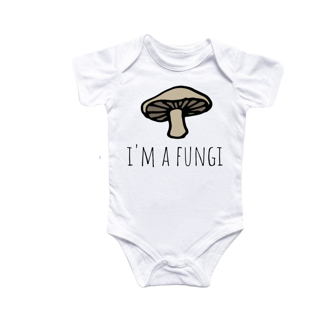 a white bodysuit with a mushroom saying i'm a fungus