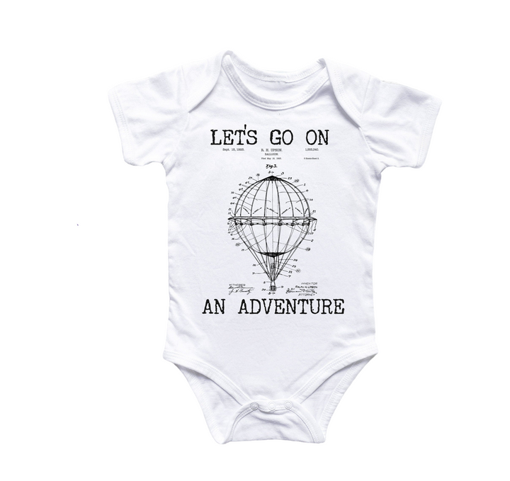 a baby bodysuit that says let's go on an adventure