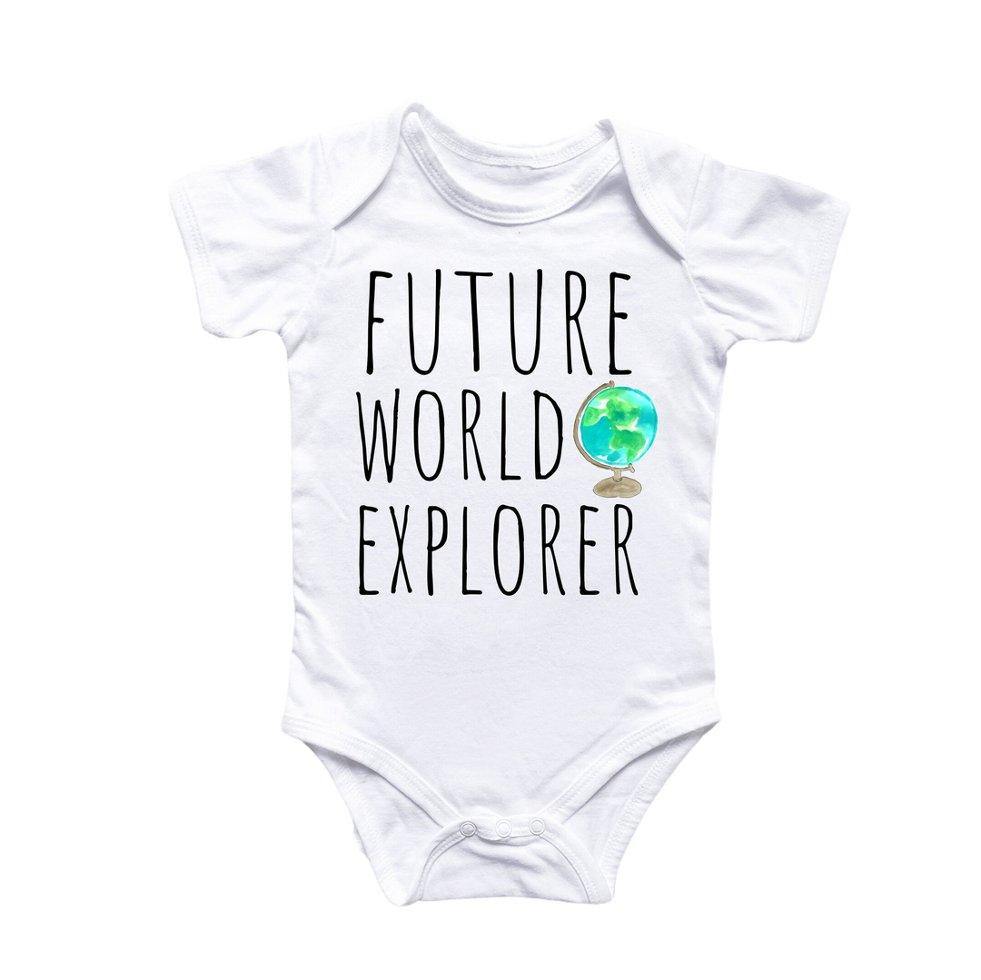 a white bodysuit with the words future world explorer printed on it