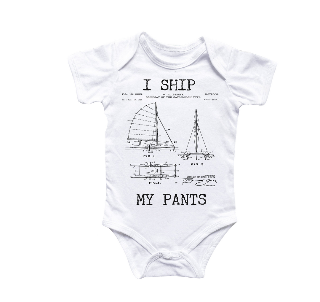 a white bodysuit with a drawing of a sailboat