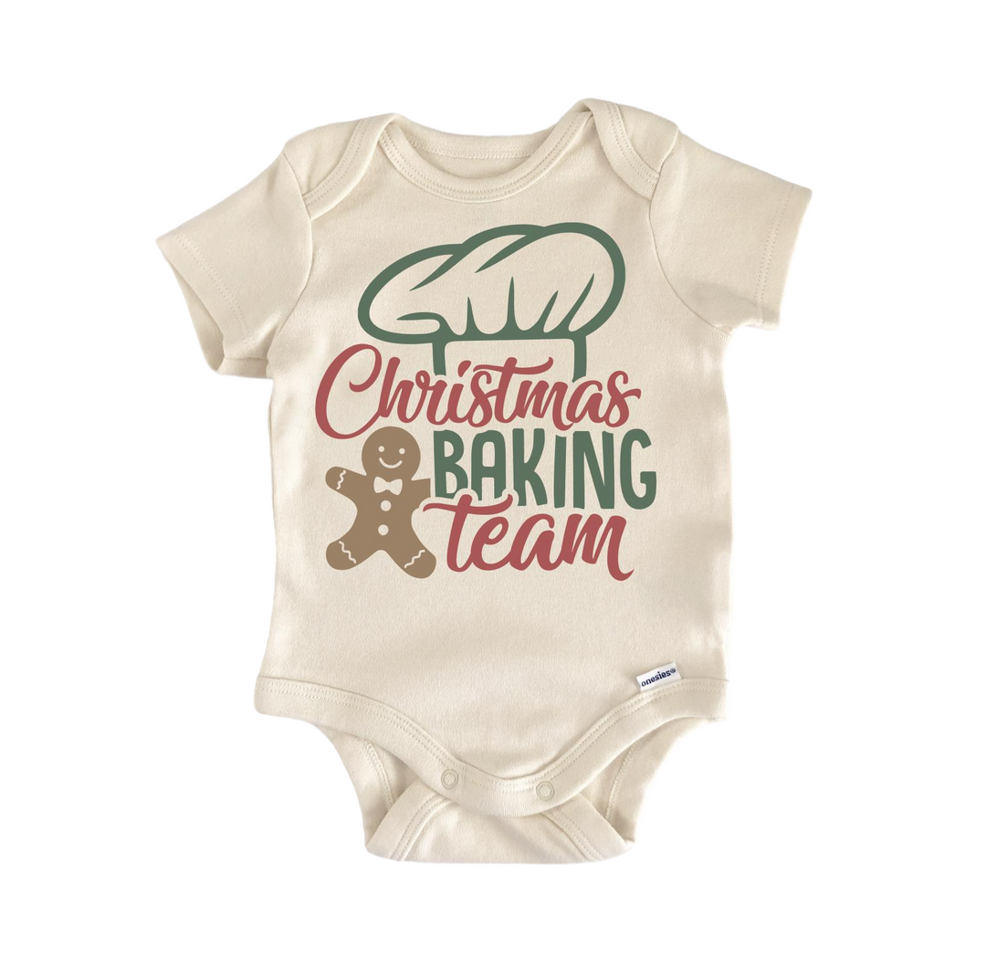 a baby bodysuit that says christmas baking team