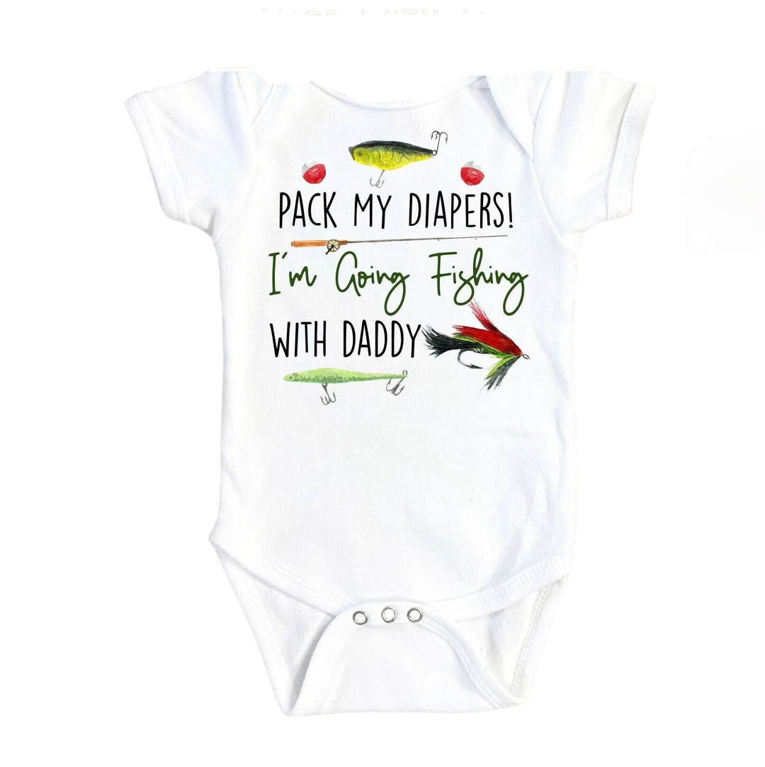 a white bodysuit with fishing sayings on it