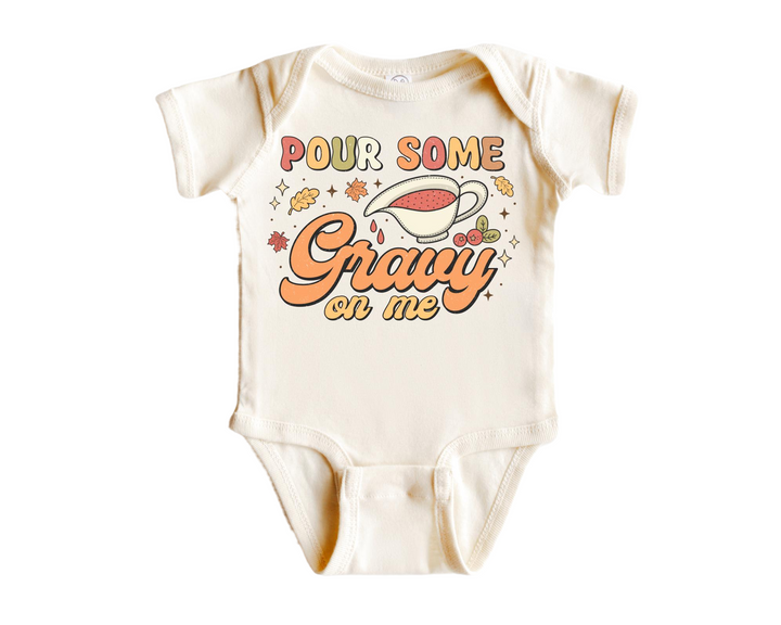 a baby bodysuit that says pour some gravy on me