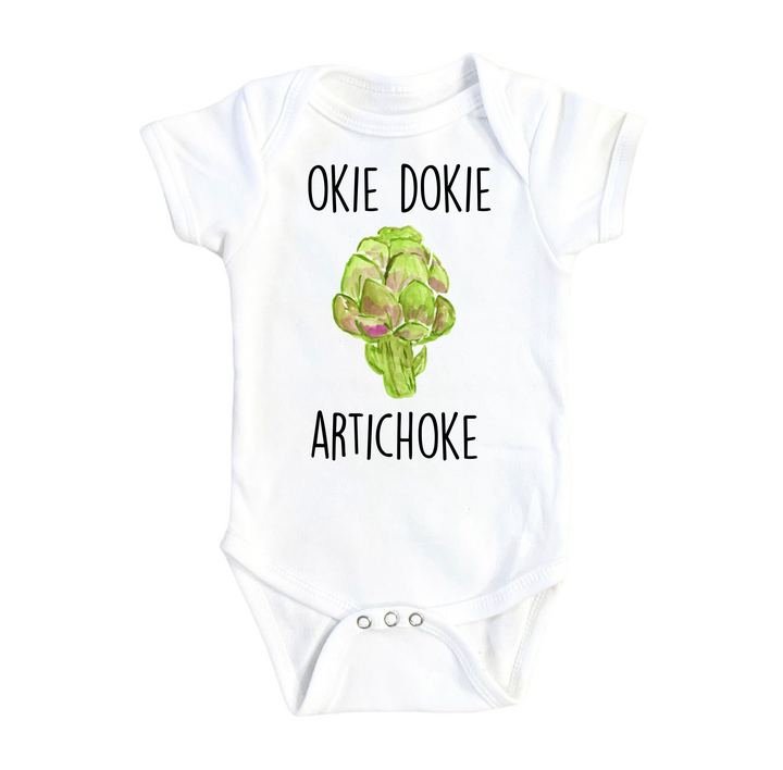 a white bodysuit with a picture of an artichoke on it